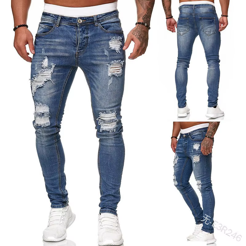 Hommes jean genou trou déchiré Stretch maigre Denim pantalon couleur unie noir bleu automne été Hip-Hop Style Slim Fit