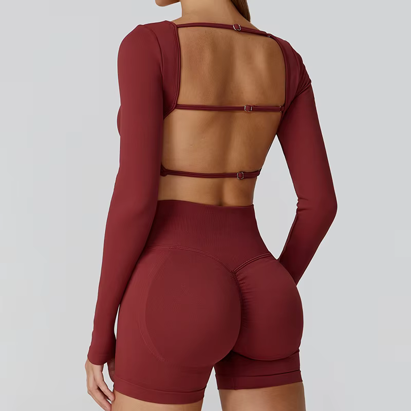 Nouveau dos Sexy évider à manches longues chemises de Yoga col carré séchage rapide hauts de course serré minceur gymnase Fitness T-Shirt avec coussinets