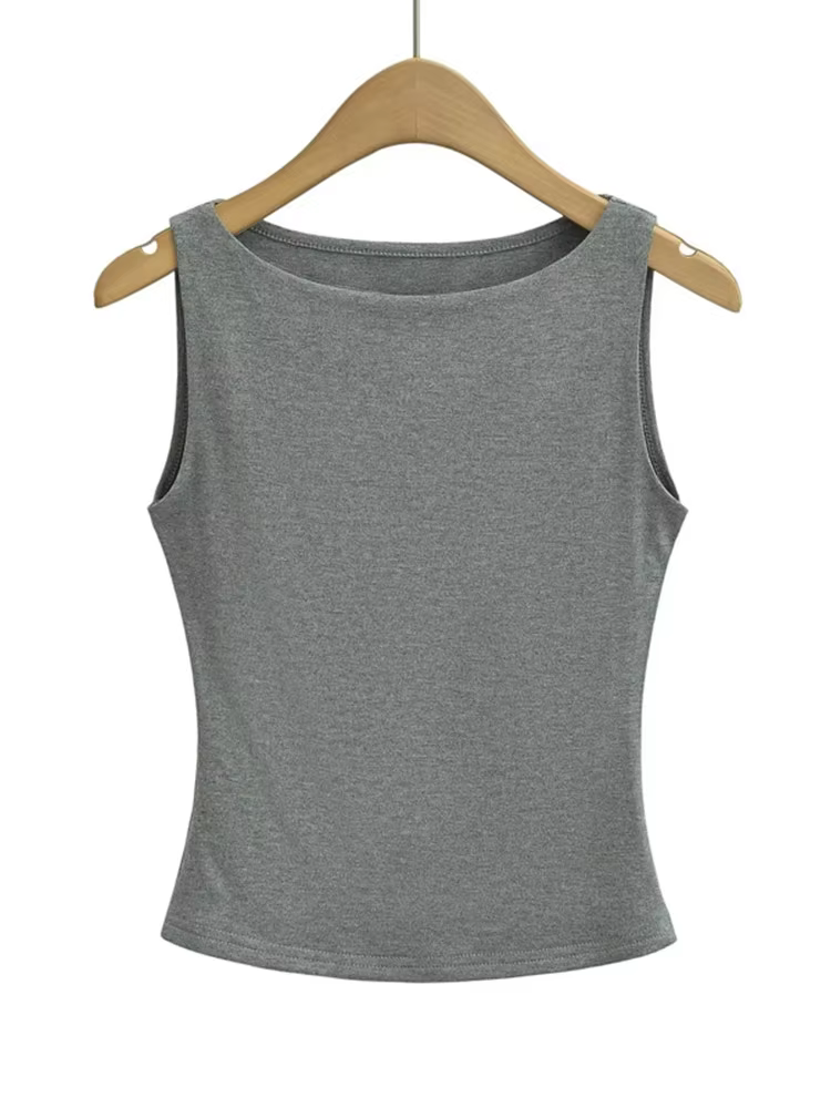 Débardeur moulant doux à col bateau double couche pour femme