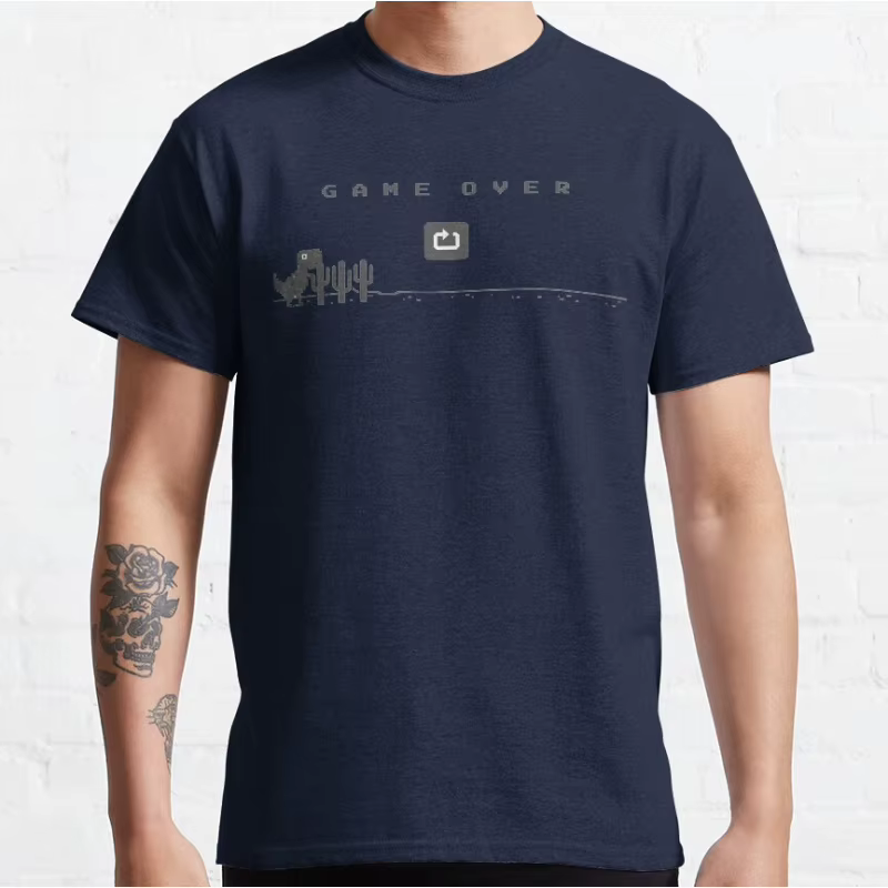 Game over drôle hors ligne t rex 90s dessin animé pixel jeu vidéo dinosaure T-shirt pour hommes grande taille hauts pour adultes S-6xl
