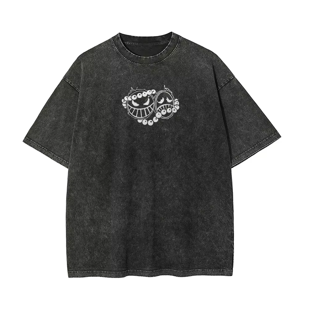 T-shirt Homme Ace Effet Délavé Acide, Motif Anime Pouce de l'Épée, Style Vintage Streetwear, avec Badge Souriant Poing de Feu, Été 2026