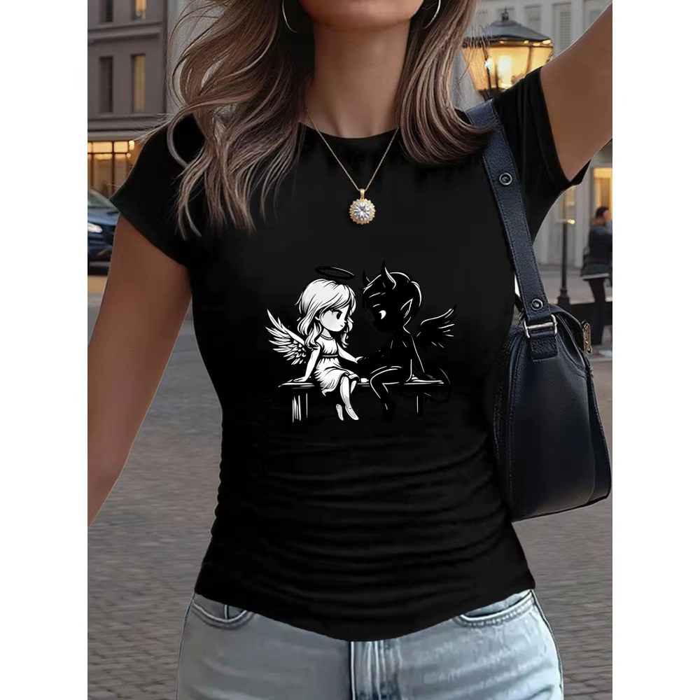 Nouveau T-shirt imprimé Ange et Diable 2026 en coton à col rond