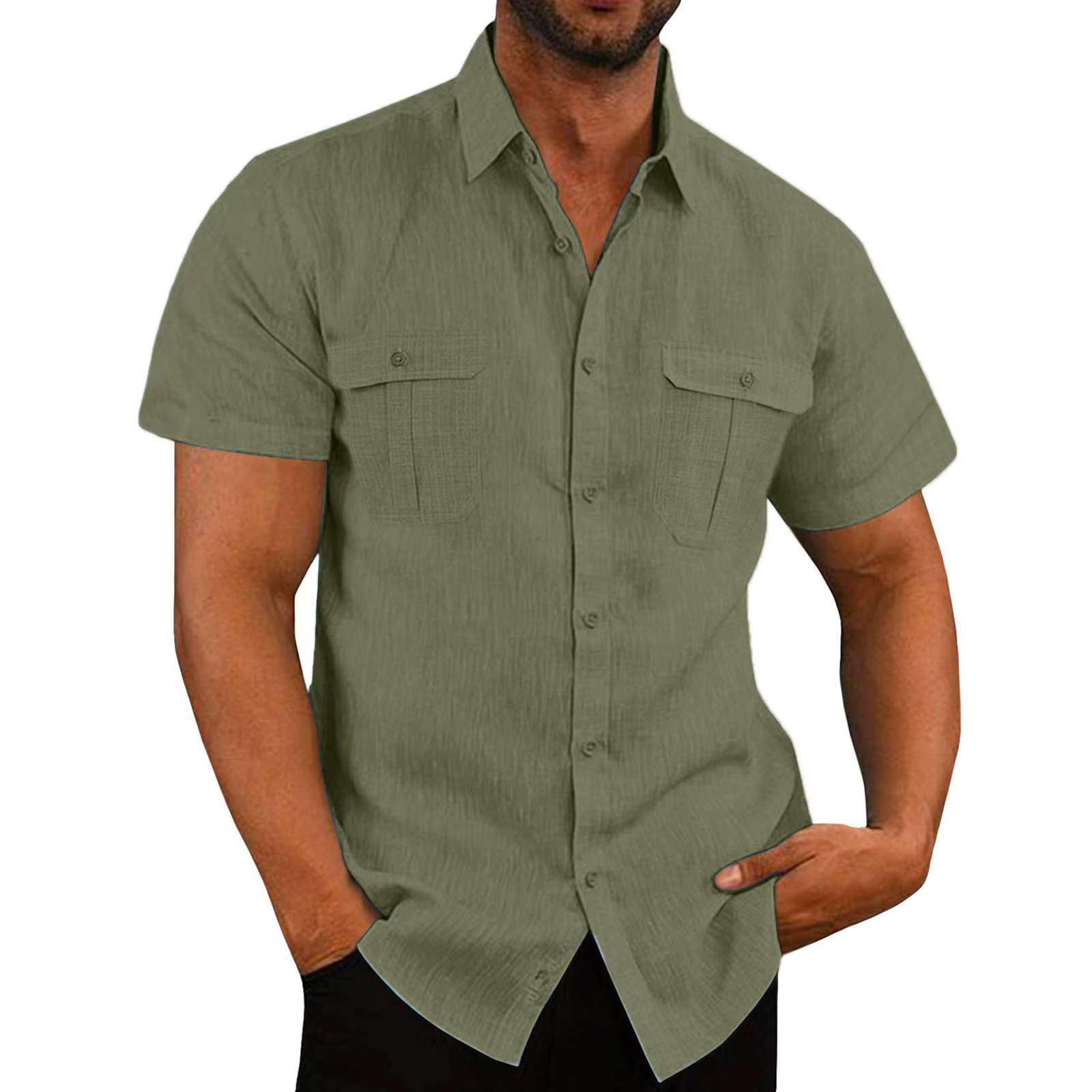 Chemise en lin à manches courtes pour homme - Style décontracté d'été avec deux poches et fermeture boutonnée
