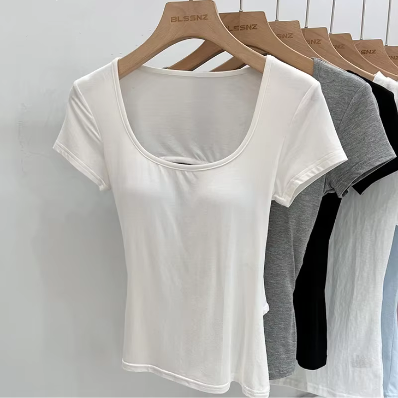 Femme col carré hauts de haute qualité plaine dos nu à manches courtes T-Shirt avec soutiens-gorge coussinets femmes Sexy Street Wear t-shirts 2026