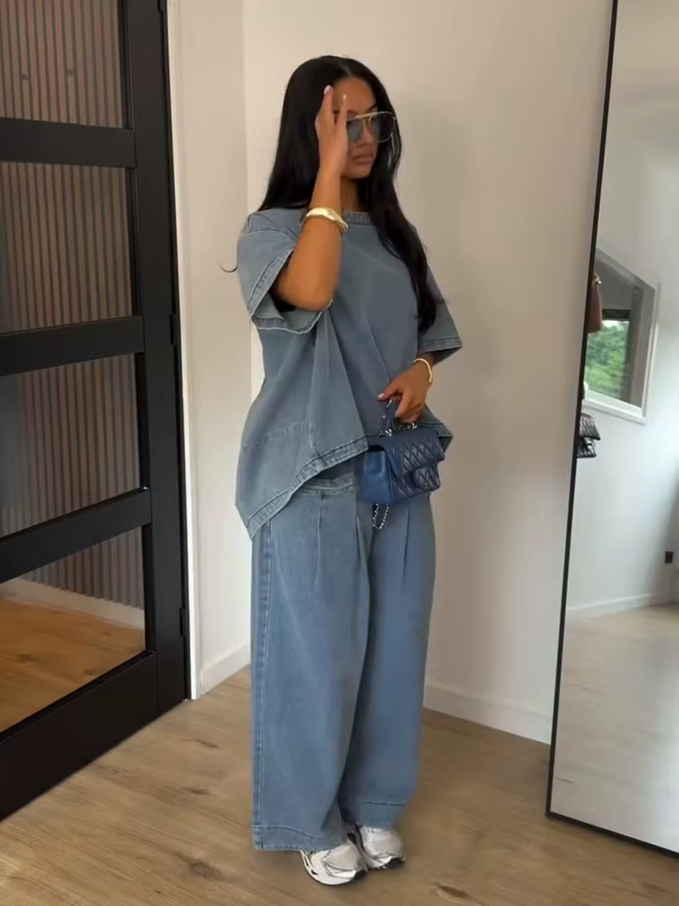 Ensemble pantalon et haut oversize en jean pour femme