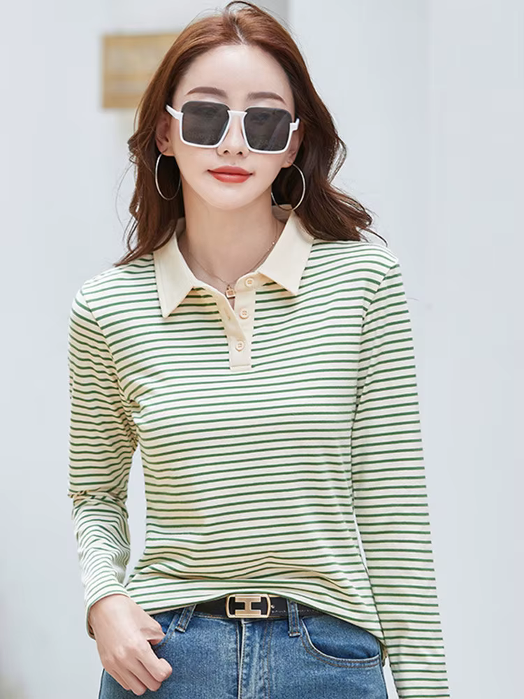 Nouveau Polo Femme Manches Longues Rayé Coton T-shirt Printemps Automne Mode Contraste Hauts Féminins Vêtements de Sport Golf