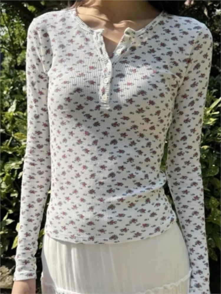 T-shirt en coton gaufré à imprimé floral pour femme