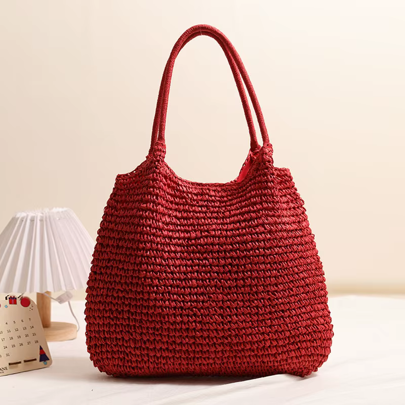 Sac fourre-tout en paille tressé couleur unie