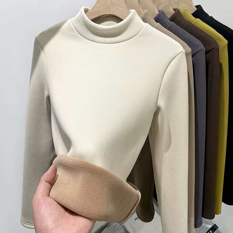 T-shirts pour femmes épais polaire chaud automne hiver chemise à manches longues col roulé t-shirt décontracté coréen basique sous la chemise