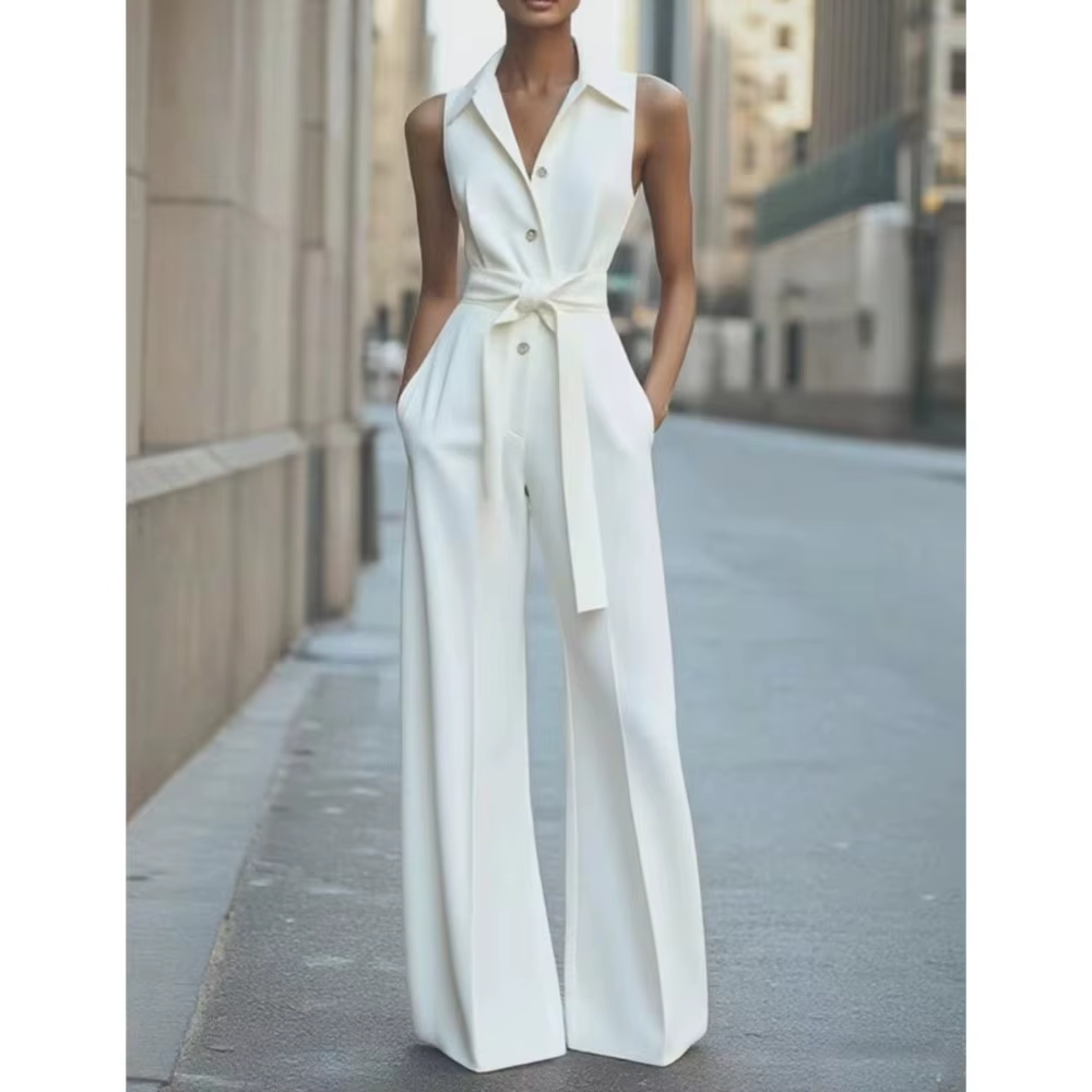 Combinaison à revers sans manches pour femmes, mode boutonnée, col de chemise, couleur unie, jambes larges, bureau de déplacement avec poche