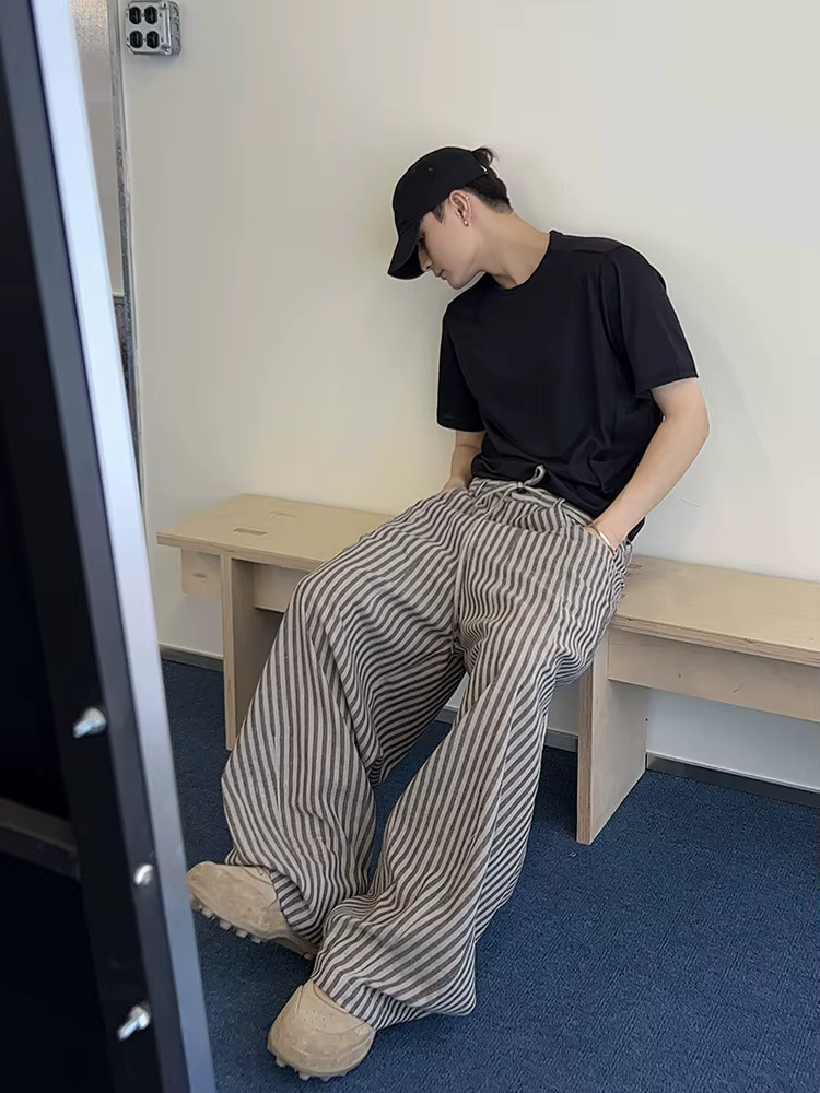 2025 rétro paresseux mode rayure pantalon décontracté pour hommes printemps automne polyvalent ample
