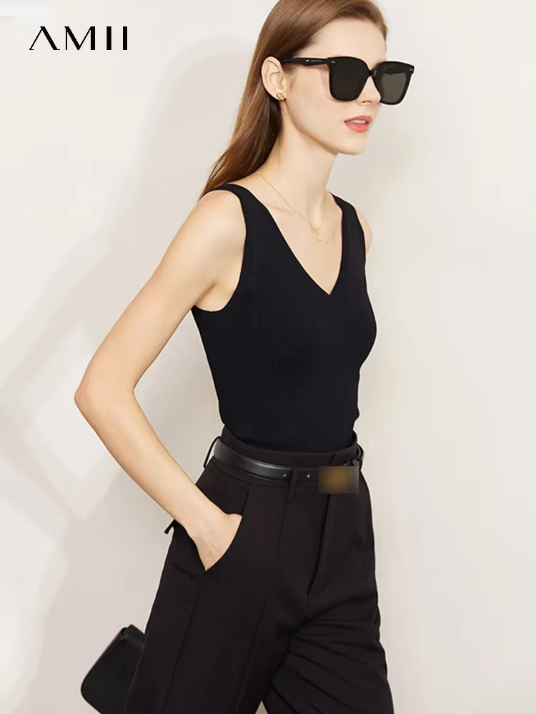 AMII minimalisme débardeur pour femmes 2025 été nouveau polyvalent col en v ajustement tricoté gilet Camis hauts noirs