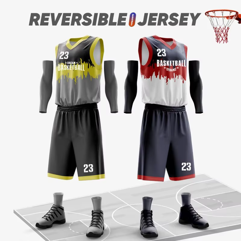 Maillots de basket-ball réversibles pour hommes par sublimation avec logo imprimé en polyester