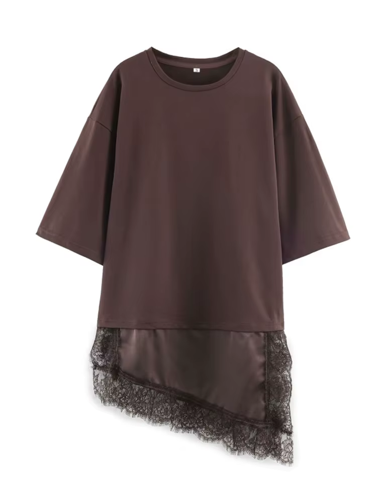 T-shirt asymétrique vintage pour femme avec empiècement en dentelle satinée