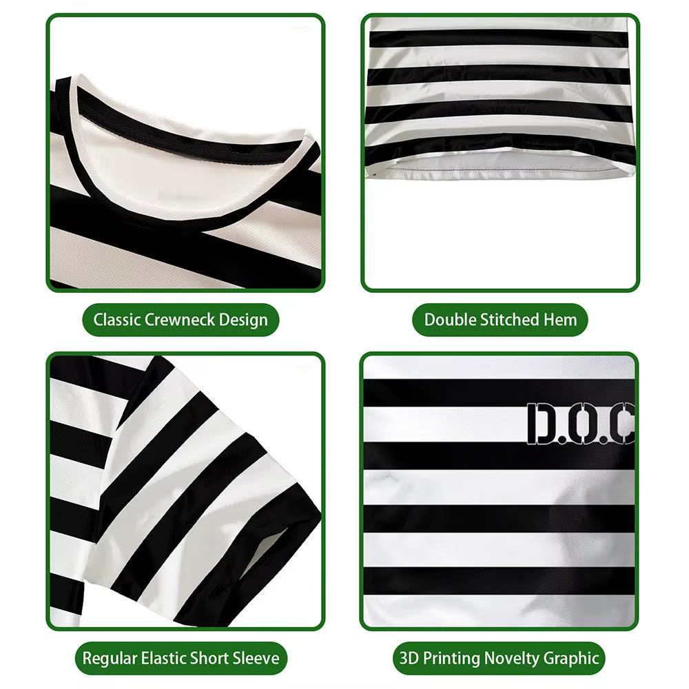 Abstract Prison uniforme style rayé imprimé T-shirt drôle jeu de rôle à manches courtes haut unisex humoristique personnalisé vêtements de rue