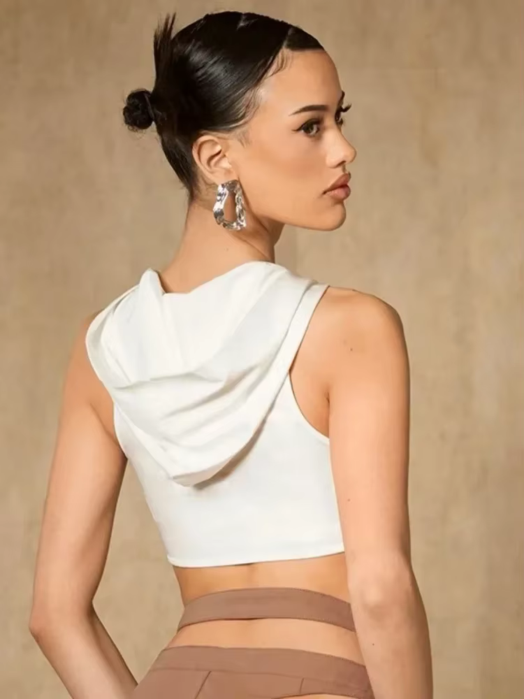 Crop top à capuche blanc uni pour femme