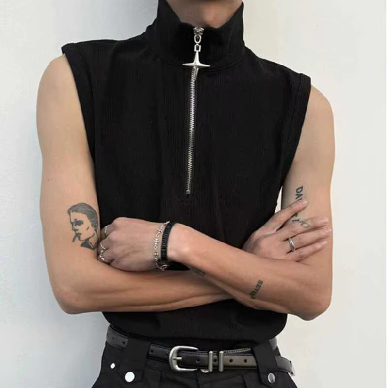 LUZHEN couleur unie fermeture éclair décorer T-shirts sans manches hommes 2025 été Original Streetwear à la mode col montant débardeurs JY2796