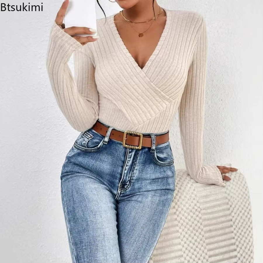 Body Beige décontracté à manches longues et col en v pour femme