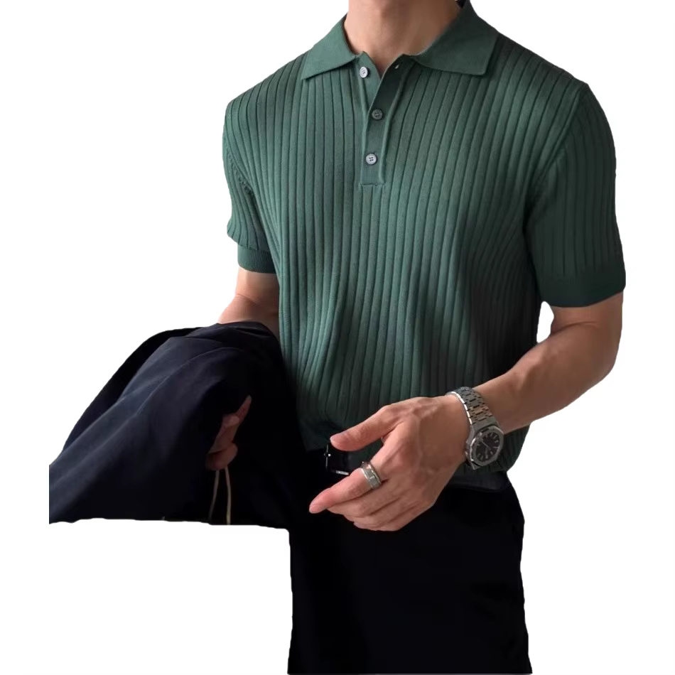 Polo en soie glacée tricoté style britannique pour homme – T-shirt élégant à manches courtes