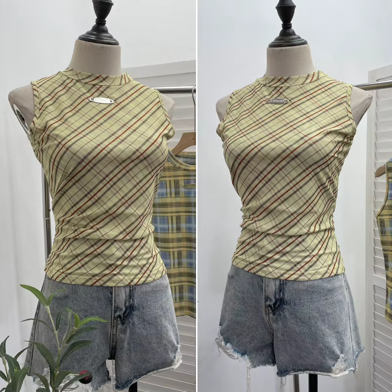 ISAROSE Vintage débardeurs pour femmes été sans manches Plaid maille extensible Double couches col rond mince hauts courts vêtements de sport