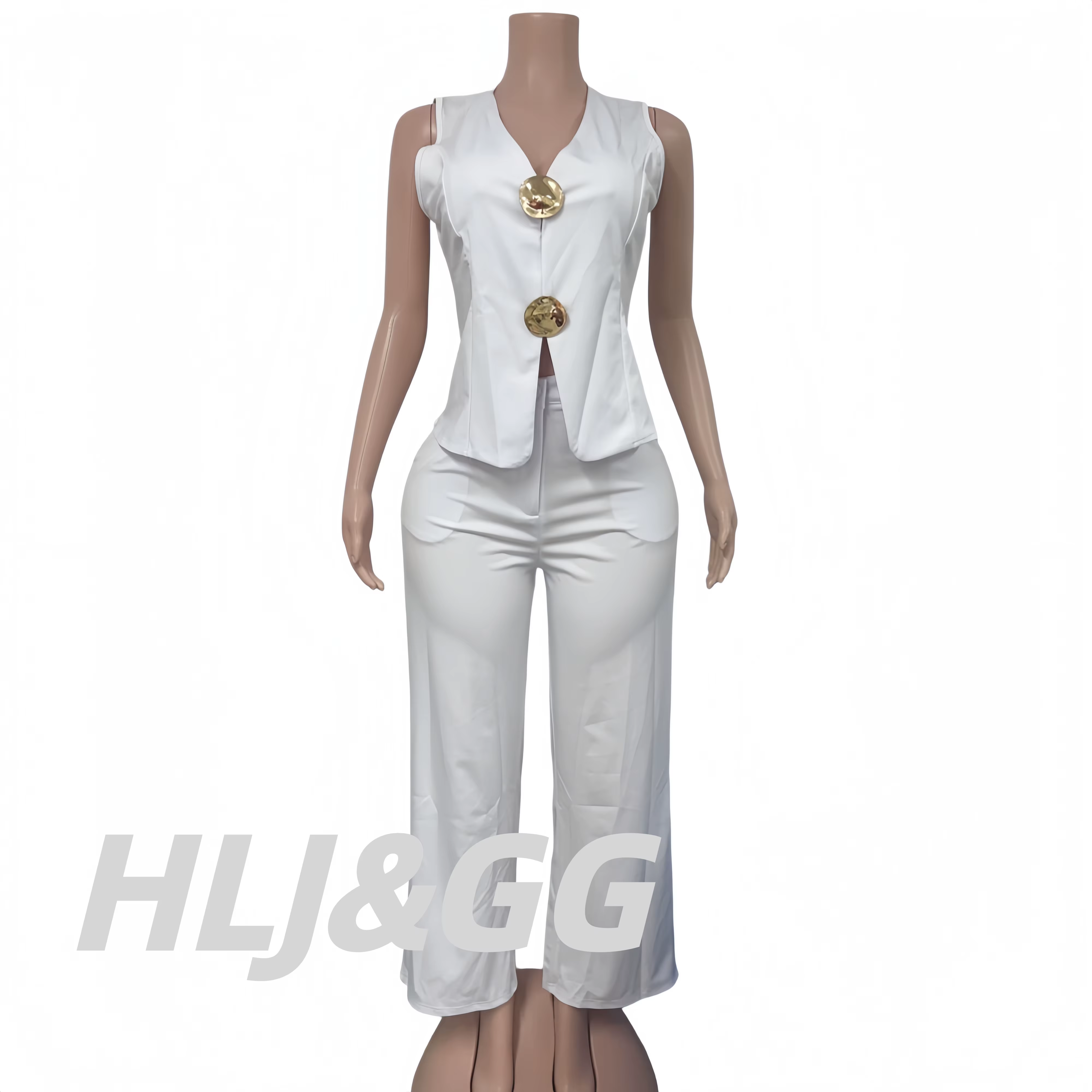 HLJ Fashion Gilet pour femme couleur unie sans manches col en V avec découpes à la taille et boutons dorés