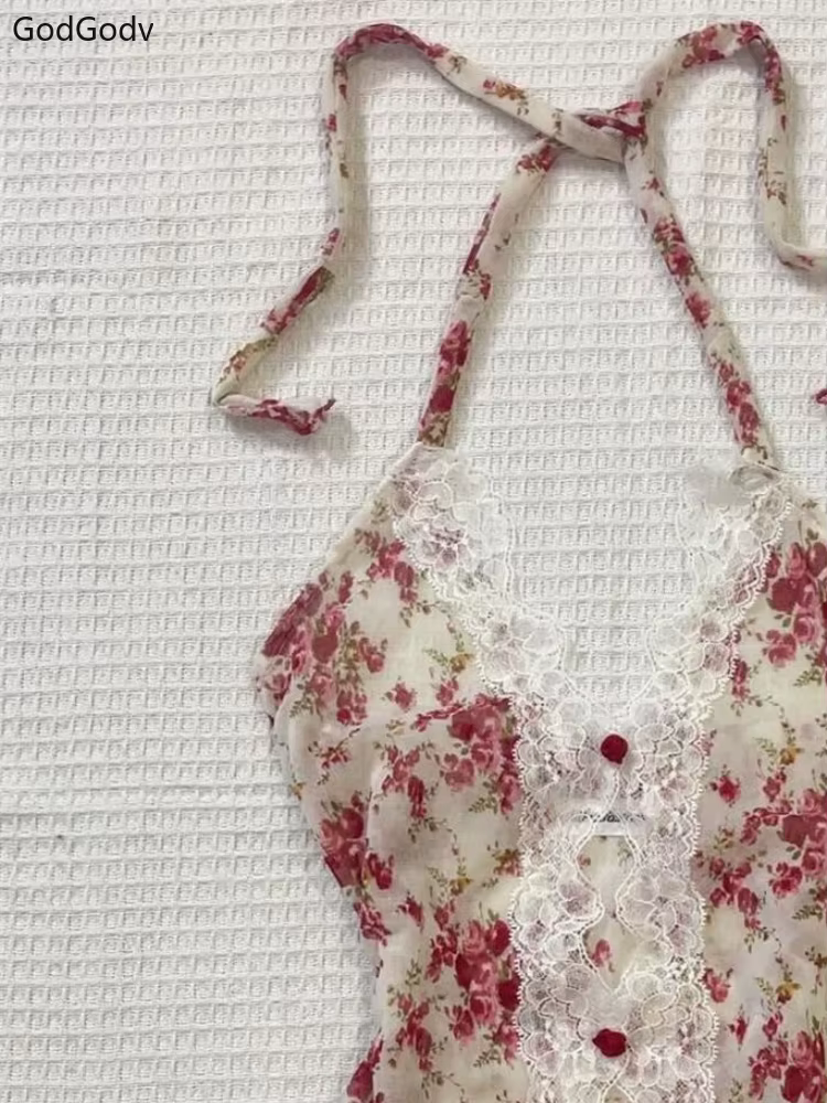 2025 été femme Floral licou dentelle Blouse 2025 Vintage Sexy Slim Fit fée mode coréenne