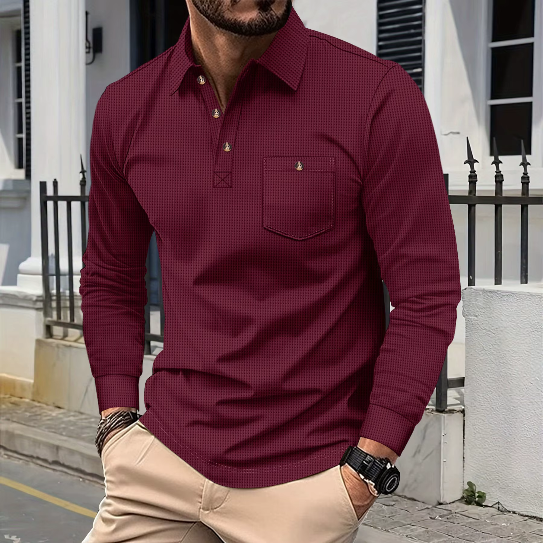Polo Henley en tricot gaufré pour homme - T-shirt décontracté à manches longues avec col rabattu et poche poitrine boutonnée