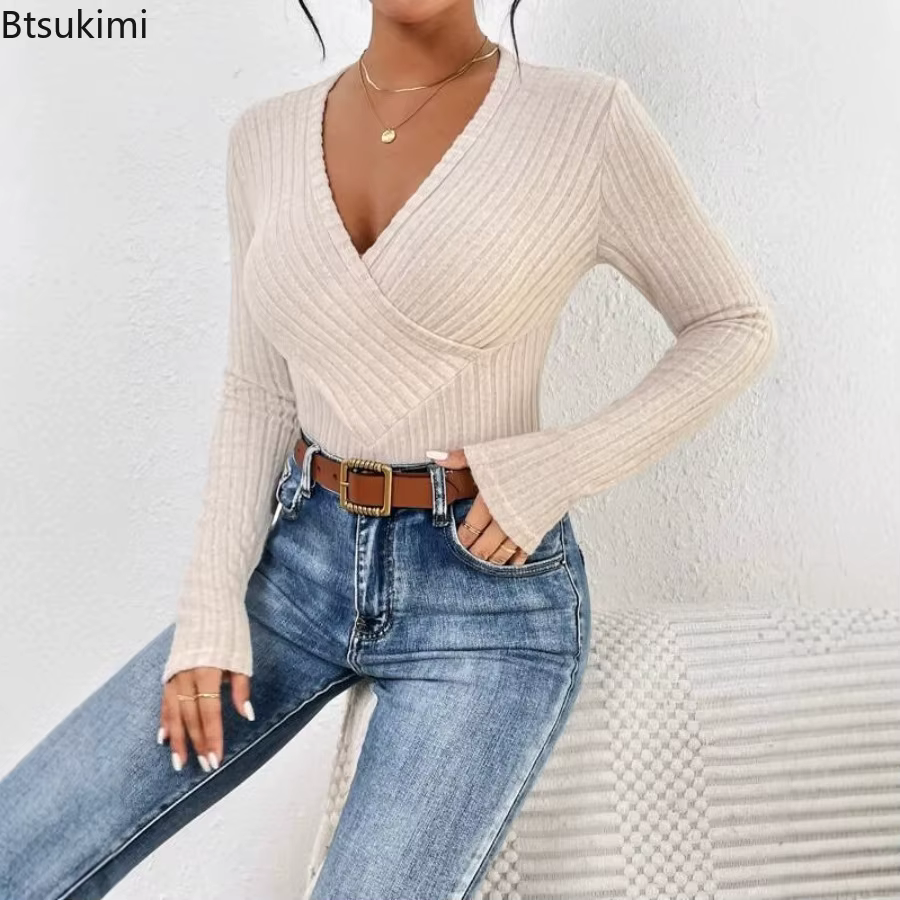Body Beige décontracté à manches longues et col en v pour femme
