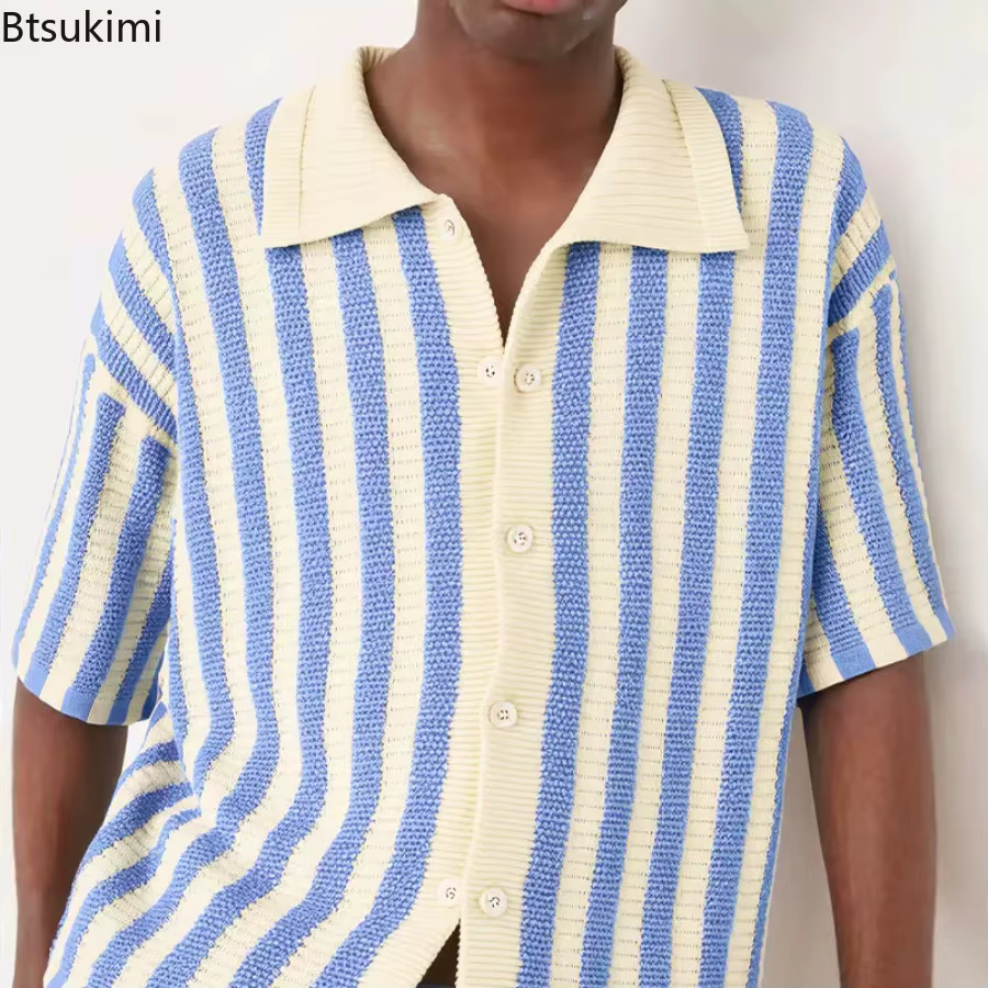 Nouveau Polo en Tricot Tendance pour Homme 2026 – Pull d'Été Ample et Confortable à Rayures Creuses