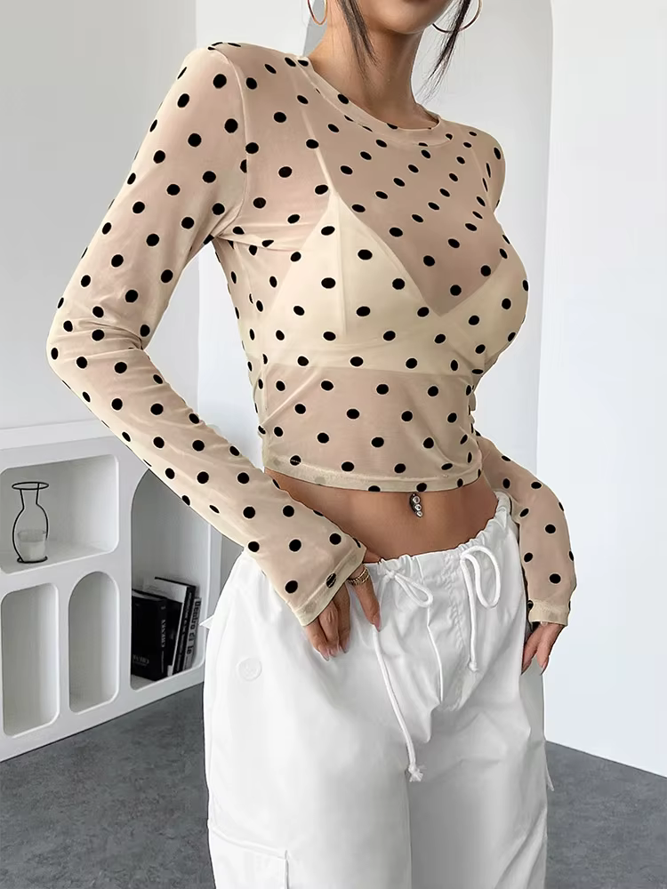 Femmes à pois à manches longues hauts en maille Sexy voir à travers des chemisiers transparents chemises sortie haut