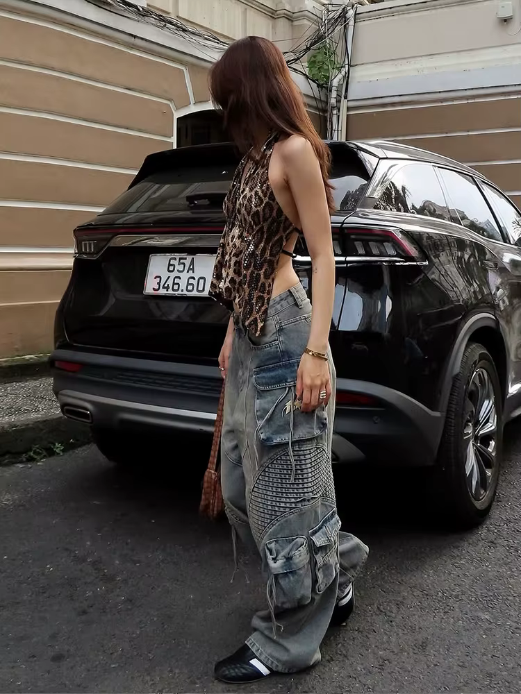 Nibber imprimé léopard paillettes femmes gilet dos nu licou col en v à lacets sans manches rue maigre sauvage été tendance polyvalent hauts