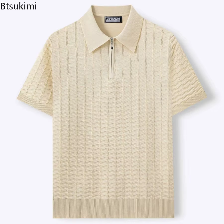 Nouveaux Polos Homme Décontractés Coupe Slim Été Couleur Unie Tricotés Pulls Vintage Manches Courtes Texturés