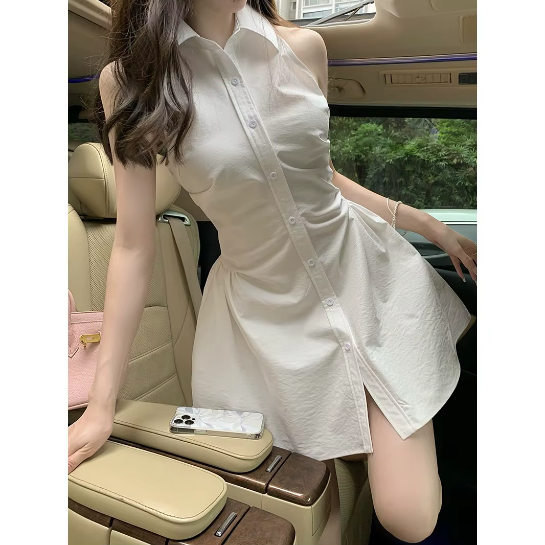 Robe Gilet Col Polo Femme Nouvelle Collection Été Taille Cintrée Rose Coupe Courte Évasée Style Décontracté avec Col Halter