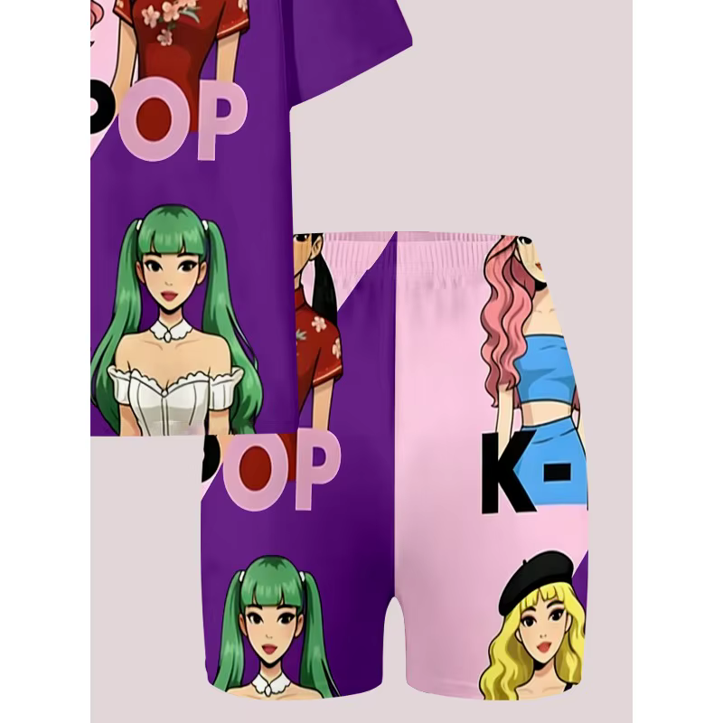 Ensemble décontracté 2 pièces imprimé K-Pop pour filles, T-shirt et short, idéal pour les fans de K-Pop, cadeau d'anniversaire, ensemble confortable et décontracté