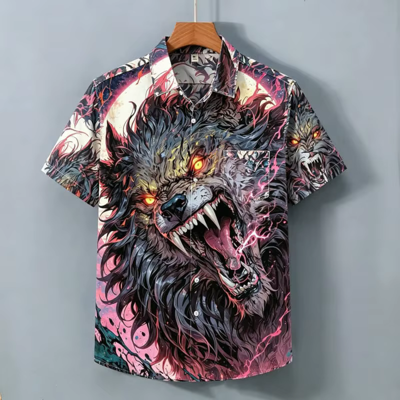 Chemise à manches courtes pour homme avec imprimé tête de loup dominant