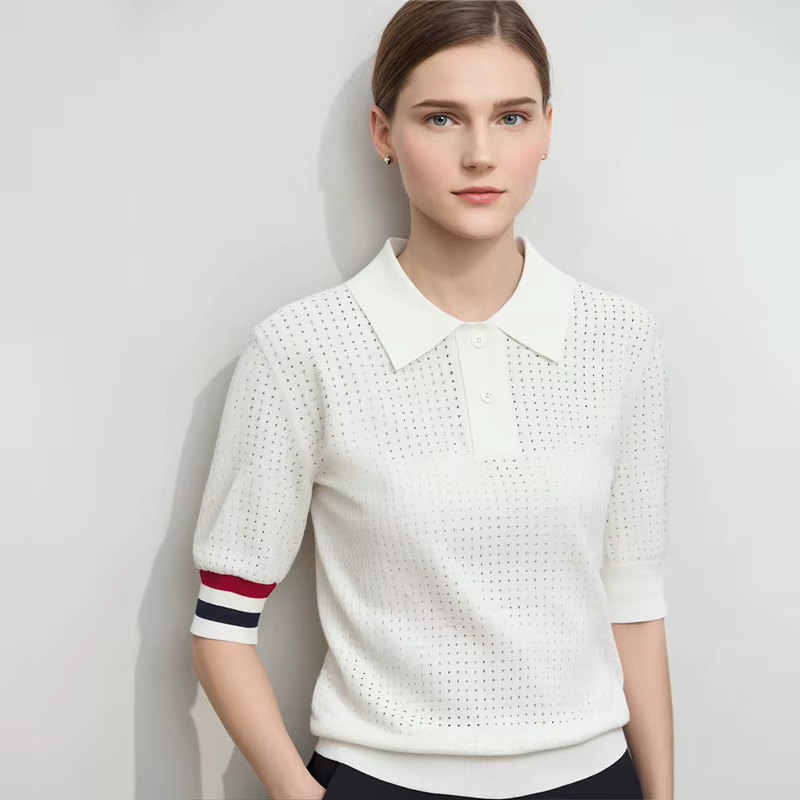 Chemises Polo AMII Femme Printemps 2026 Nouveau Col Revers Décontracté Contraste de Couleurs Rayé Tricoté T-shirts Haut