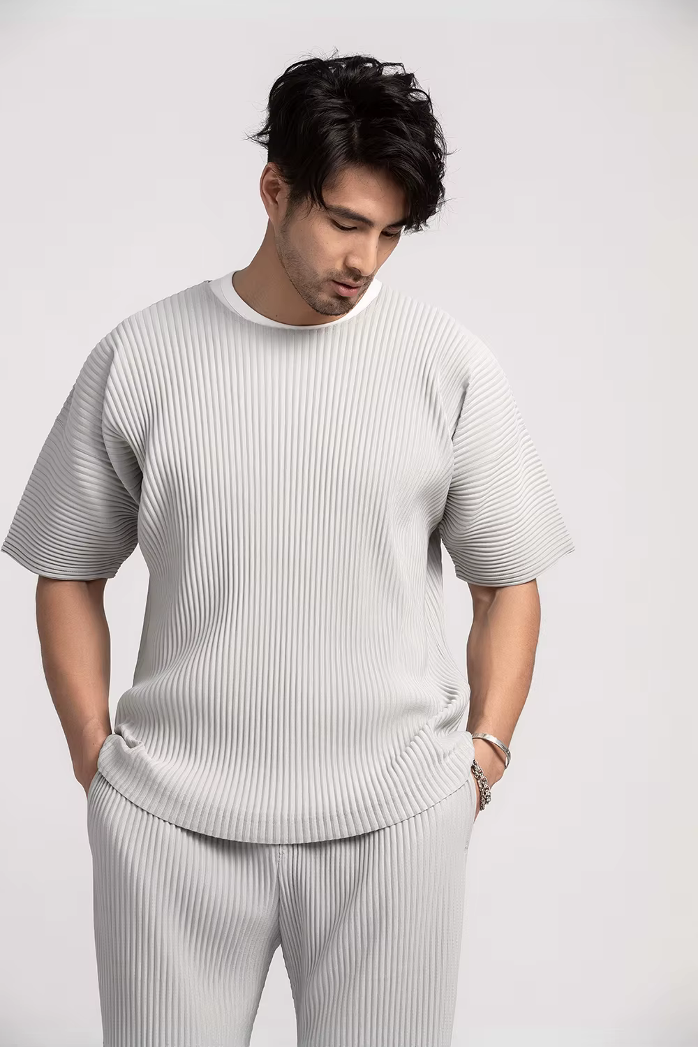 Miyake T-Shirt plissé pour hommes vêtements d'été à manches courtes