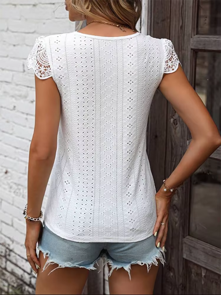 T-shirt Femme Printemps-Été Blanc Col V Dentelle Manches Courtes Boutons Devant Œillets Respirant Frais Élégant Quotidien Décontracté