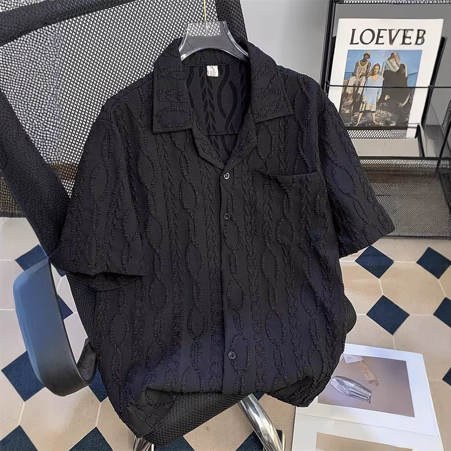 Chemise de plage ample à col cubain texturé à manches courtes pour homme – Tissu mélangé décontracté d'été à haute résistance des couleurs – Mode jeune