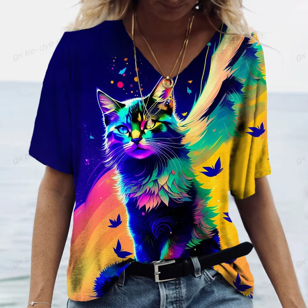 T-shirt femme dessin animé chat imprimé été à manches courtes col en v Kawaii mode