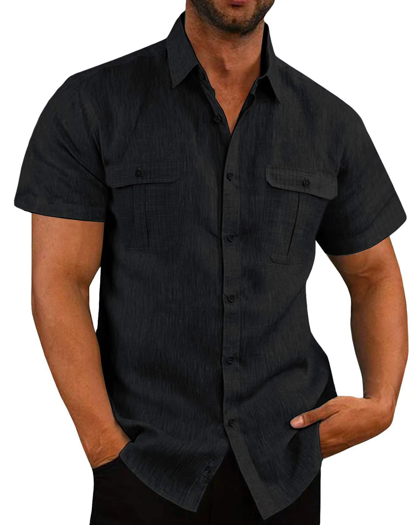 Chemise en lin à manches courtes pour homme - Style décontracté d'été avec deux poches et fermeture boutonnée
