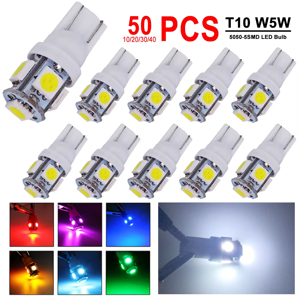 Ampoules LED T10 W5W, 10/20/30/50 pièces, pour intérieur de voiture, dôme, cartes, lecture, porte, coffre, lumières 12V 5050-5SMD 7000K, blanc, rouge, jaune, bleu