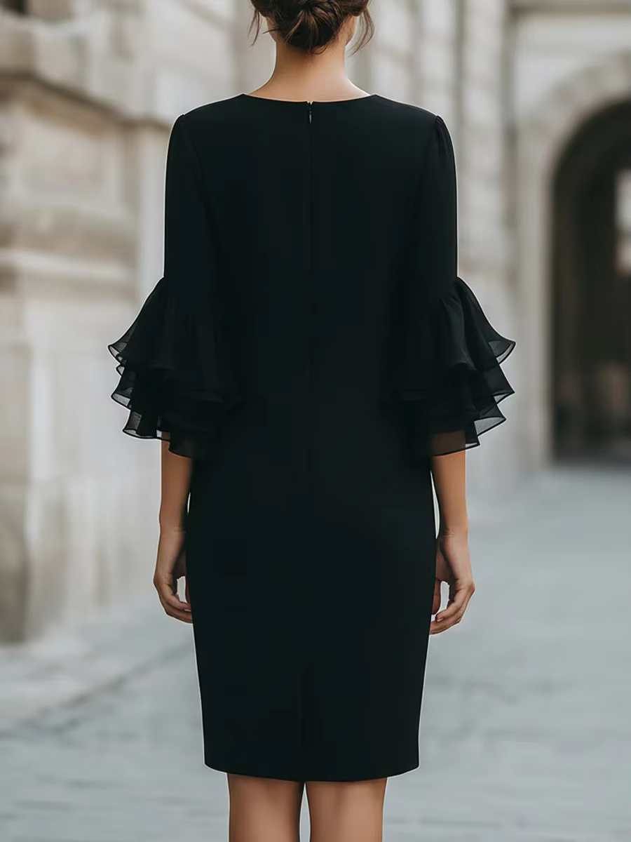 Robe midi à volants à trois quarts de manche pour femmes