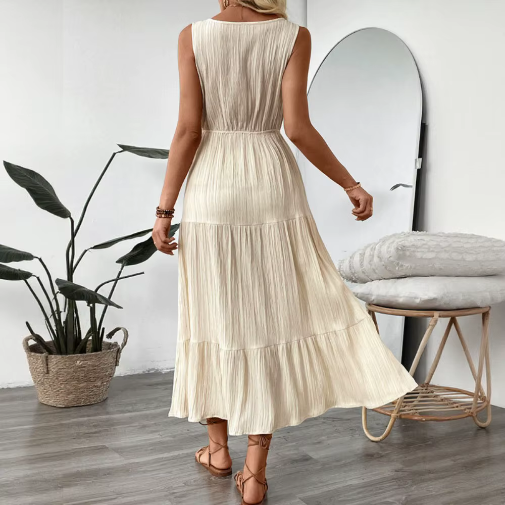 Robe longue texturée sans manches à volants pour femme