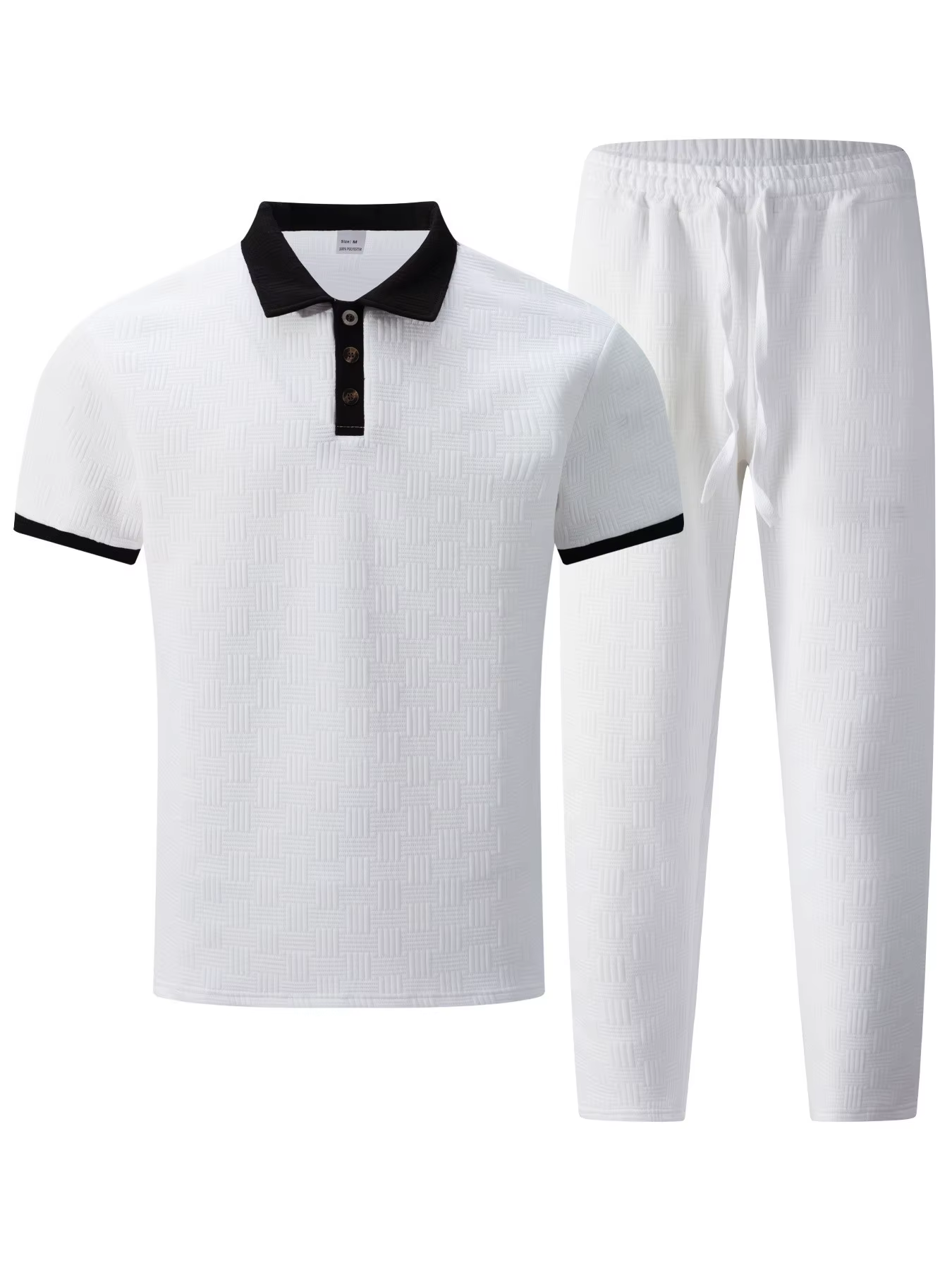 Ensemble 2 pièces polo et pantalon texturé pour homme avec col contrastant – Survêtement décontracté pour le streetwear quotidien