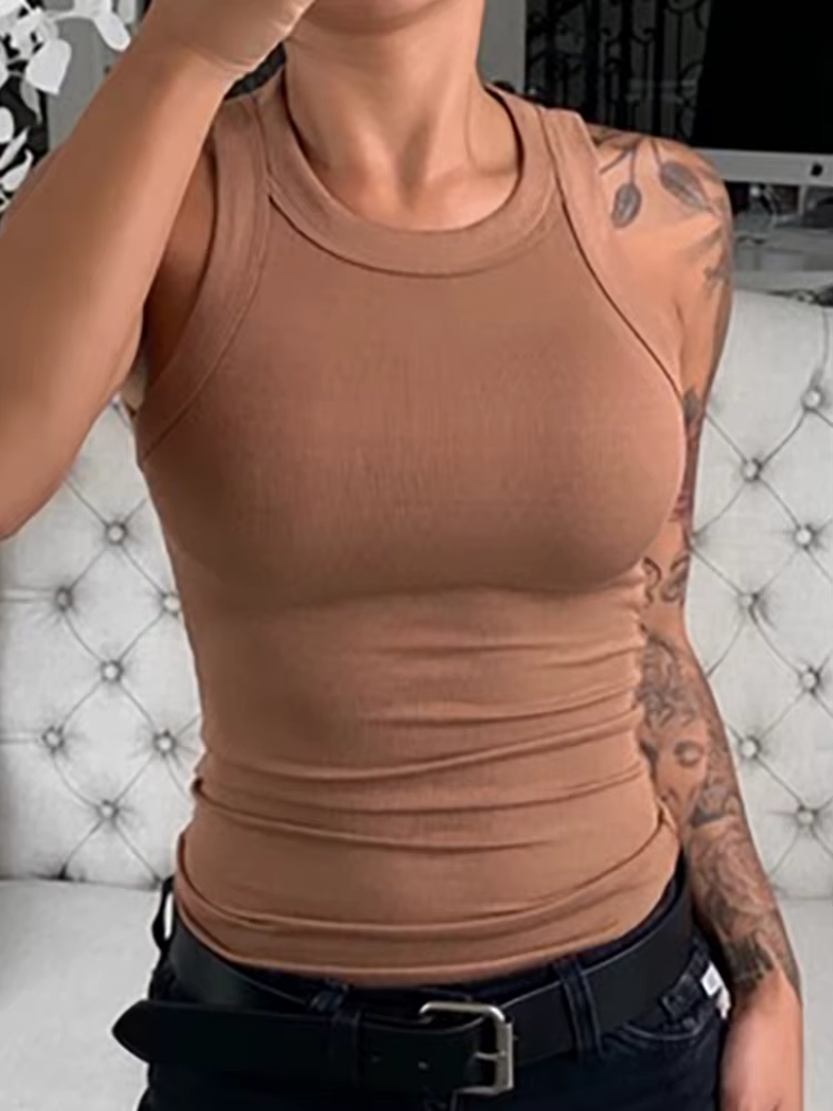 Femmes solide col rond côtelé débardeur Camisole