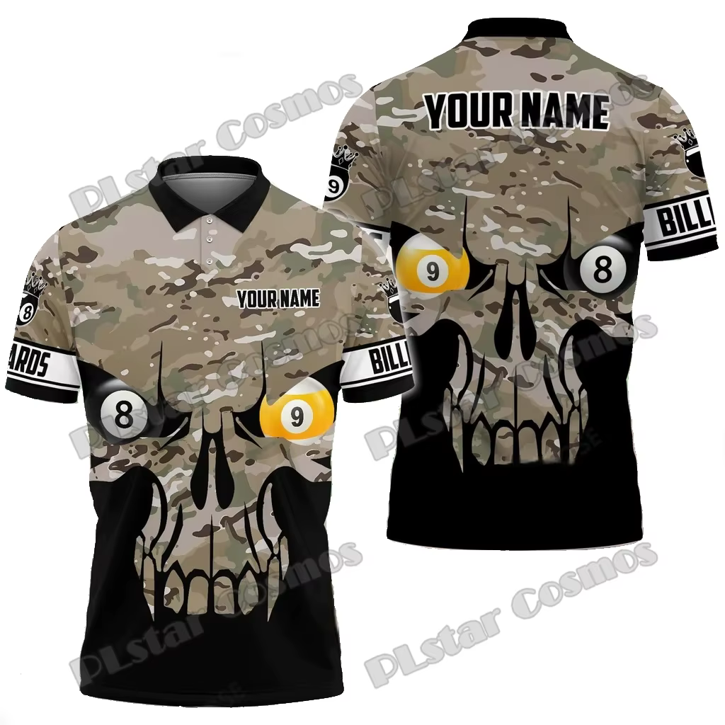 PLstar Cosmos billard camouflage crâne nom personnalisé 3D imprimé hommes Polo été unisexe décontracté