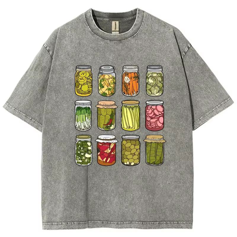 Dessin animé Kimchi imprimé T-shirt rétro lavé coton col rond manches courtes décontracté Design de mode unisexe haut basique