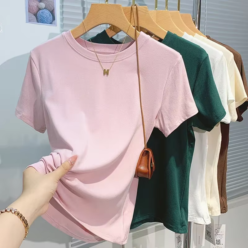 2026 nouveau femmes 100% coton T-shirt fond basique solide dame à manches courtes hauts chemises été