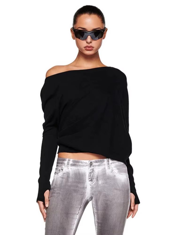 Col incliné t-shirts pour femmes Streetwear à manches longues haut court coupe ample vêtements féministe couleur unie Camisetas Ropa Mujer